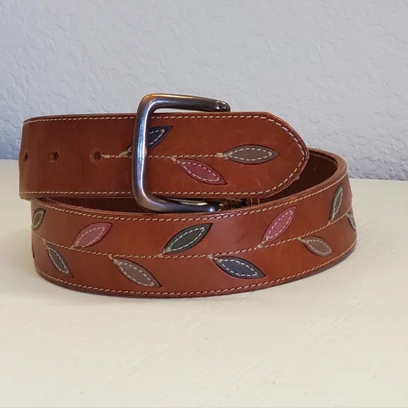 Vintage GAP Leather Leaf Inlay Belt, Saddle Brown, Brass Buckle, Medium, EUC - Picture 6 of 14